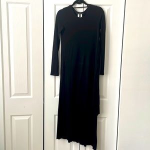 Crew neck, lightweight rib knit, tee dress w/ a-symmetrical bottom front hem.